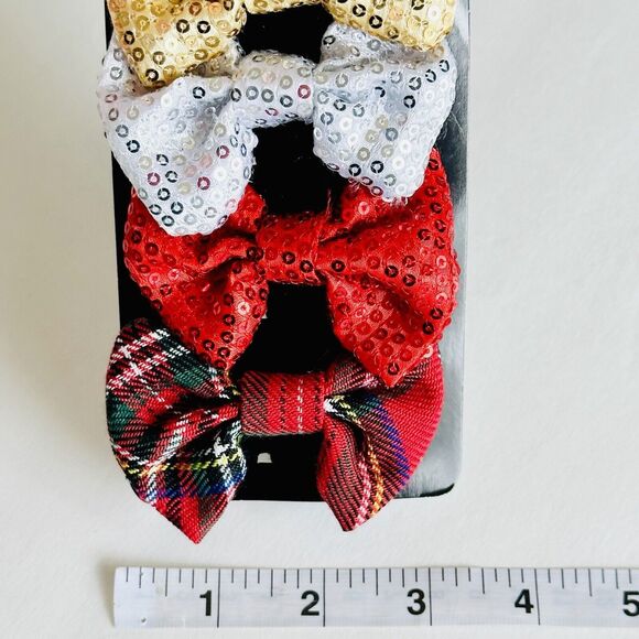 Set of 4 Dog Holiday BOWS Christmas Holiday Gold Silver Sequin Tartan Plaid - Picture 3 of 4